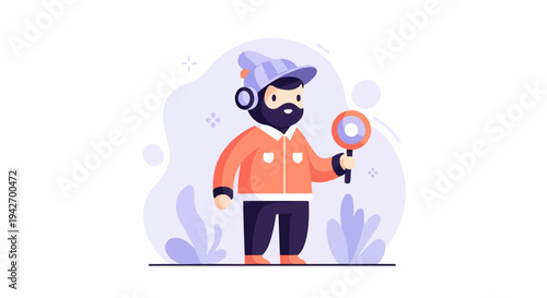 A cartoon character with a beard wears a hat and headphones, holding a magnifying glass