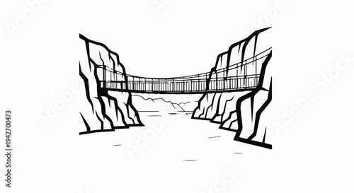 A black and white sketch of a suspension bridge spanning a wide river canyon