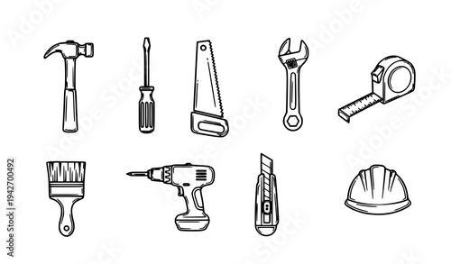 Construction Handyman Tools Line Art Icons Black White Vector Illustration Set