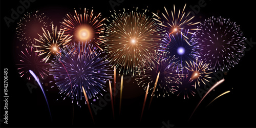 Festive background with different fireworks. New Year's banner with exploding firecrackers. Colourful fire sparkles in the night sky for birthday party and holidays. Flat isolated vector illustration.