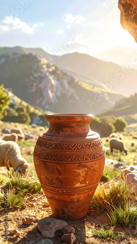 A decorated pottery vessel stands in a sunlit mountain pasture