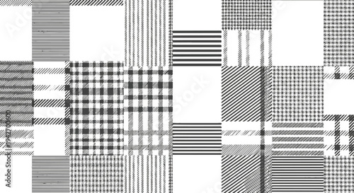 A collage of various black and white plaid and striped fabric patterns