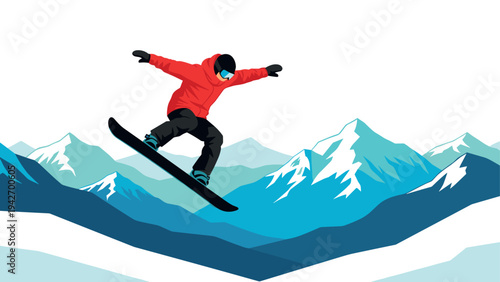 Snowboarder jumping against scenic mountain landscape in vibrant winter scene