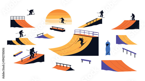 Silhouette skiing and snowboarding on halfpipes with sunset background