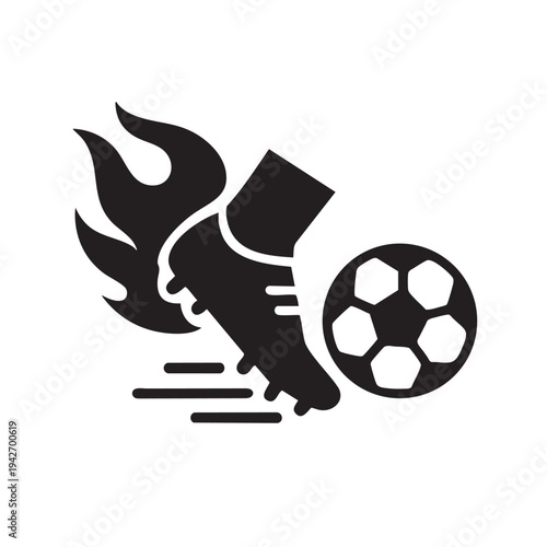 Striking black silhouette vector illustration depicting a flaming soccer cleat intensely kicking a classic football design element on white background