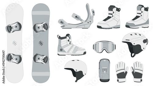 Snowboarding gear collection: boards, boots, helmets, and accessories for winter sports