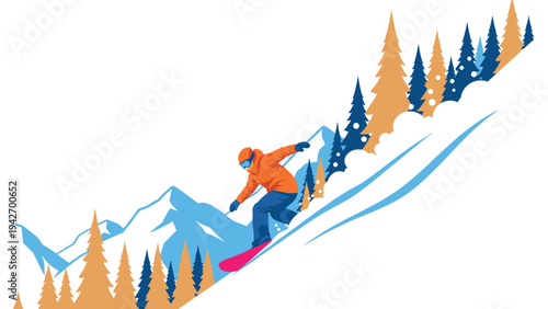 Snowboarder descending mountain slope with scenic winter pines