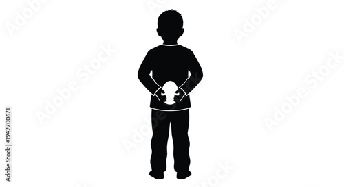 Silhouette vector graphic of a young boy hiding a large white egg behind his back