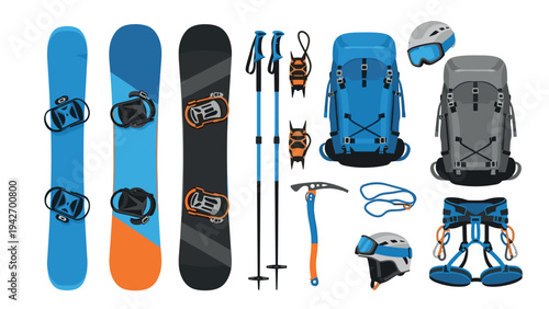 Colorful set of winter sports gear with snowboards, helmets, and backpacks