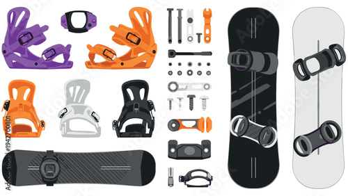 Snowboard parts and tools set with colorful bindings and boards in flat style