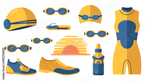 Triathlon gear set with swim, bike, and run equipment in flat design