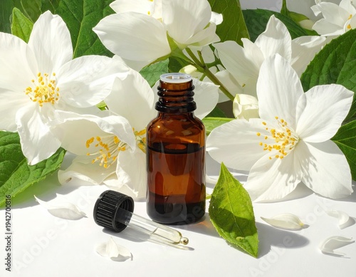 Amber bottle with dropper, surrounded by white flowers and green leaves