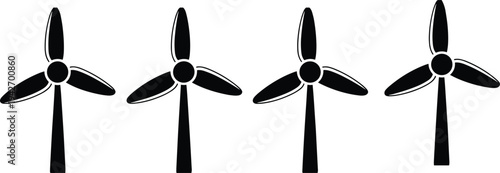 Set of four wind turbine icons representing renewable energy, sustainable power generation, clean electricity technology, minimal black silhouette windmills isolated on light background