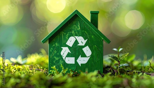 A green house cutout with recycling symbol, set in lush foliage
