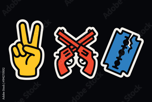 Bold icons: peace sign, crossed pistols, razor blade in pop art style