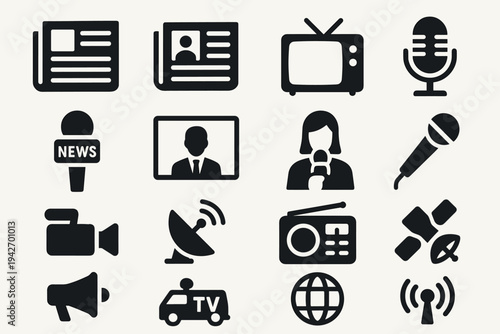 Media and communication icon set: retro microphone, television, satellite dish, megaphone, news
