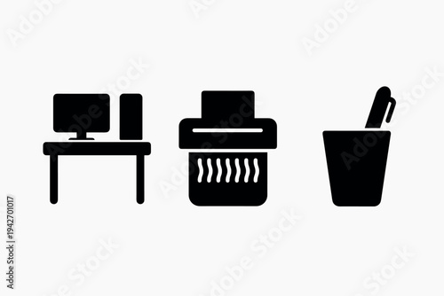 Office silhouette icons: desk, shredder, pencil holder