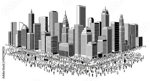 Cityscape Crowd - A Detailed Black and White Illustration of Urban Life.