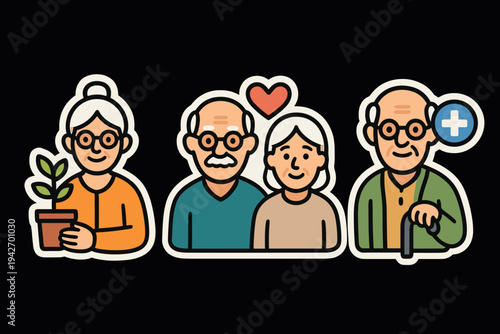 Charming senior icons set featuring elderly characters in flat style with heart and health symbols