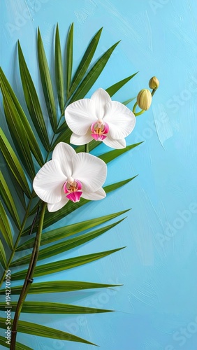 White orchids with pink centers & palm leaf on a blue background