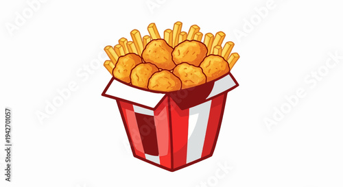 A cartoon depiction of a red and white striped box overflowing with fried chicken nuggets and french fries