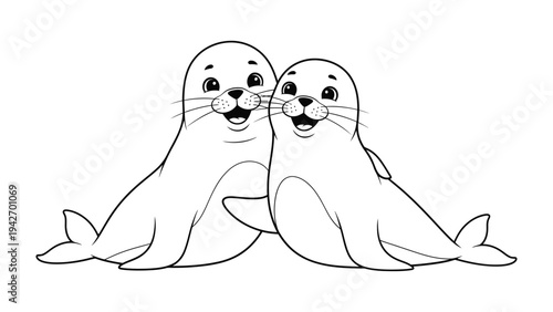 Joyful Harbor Seals: Two adorable harbor seals, their whiskers twitching with delight, huddle closely together, exuding warmth and friendship.