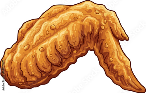A pixel art illustration of a crispy, golden-brown fried chicken wing with a textured coating