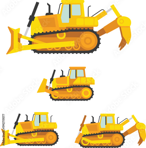 Set of yellow bulldozer and excavator construction vehicles with tracks and digging arm vector illustration, heavy machinery equipment for engineering, mining, and building industry