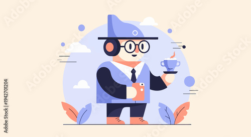 A cartoon figure in a blue hat and vest holds coffee and phone