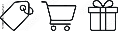 Minimalist shopping icons: tag, cart, gift box line art on dark background