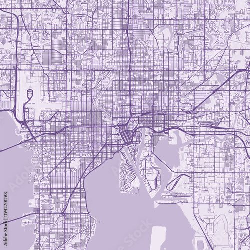 Tampa City Map Sophisticated Geometric Urban Topography Featuring Meticulous Linework and Balanced Composition in a Timeless Minimalist Soft Lavender Blueprint Aesthetic for Coastal Home.