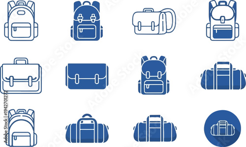 A collection of blue bag icons showing backpacks, briefcases, and duffel bags