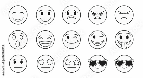 A collection of circular icons displaying various facial expressions, from happiness to anger
