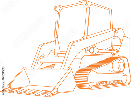 Tracked skid steer loader construction machine line art vector illustration with bucket attachment for excavation, earthmoving and heavy equipment engineering work