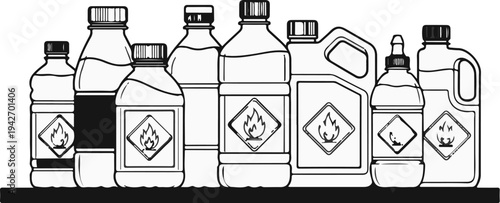 A collection of containers, many bearing hazard symbols for flammability