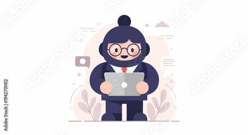 A cartoon figure in a suit and mask holds a laptop