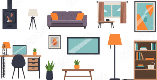 A collection of cozy home interior elements and decor