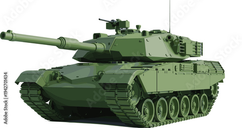 "Detailed illustration of modern green military battle tank with heavy armor, large turret gun, defense technology features, combat vehicle design, and educational warfare resources"