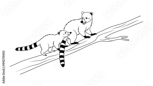 Coatis on Tree Branch: A charming pen and ink illustration depicts a pair of coatis perched on a tree branch, their striped tails and inquisitive expressions inviting a closer look.