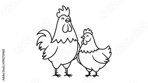 Cheerful Hen and Rooster Duo: A delightful illustration of a happy hen and rooster standing side-by-side, radiating warmth, simplicity, and the charm of rural life.