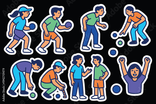 Colorful sticker style characters playing bocce on a dark background