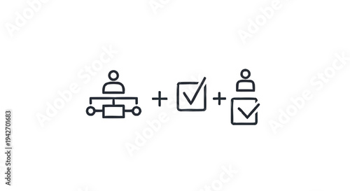 Organizational structure with task completion and approval icons.