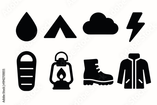 Camping adventure icons: sleek black silhouette collection for outdoor enthusiasts