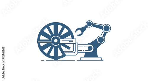 Robotic arm attaching a wheel to a factory machine.