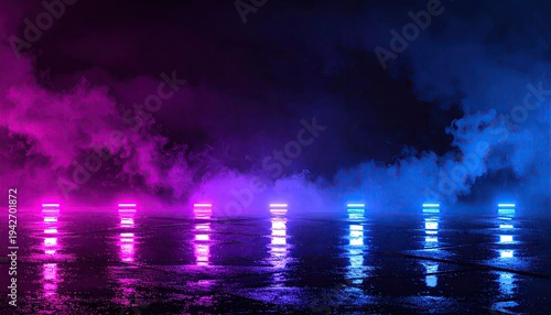 Abstract neon-lit scene with ground reflection and atmospheric fog