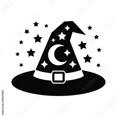 A black witch hat adorned with a crescent moon and stars