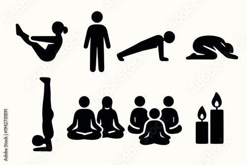 Silhouette yoga poses and mindfulness icons for relaxation and meditation design