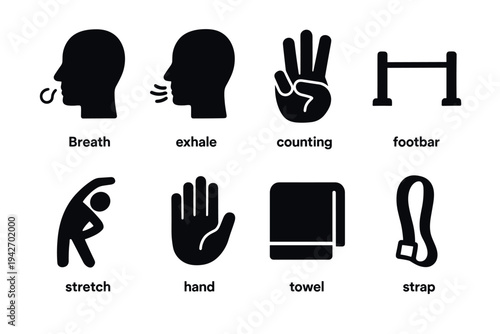 Exercise and breathing icons set for fitness and workout routines