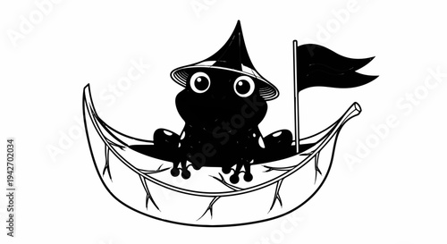 A cartoon frog wears a conical hat and sails in a leaf boat with a flag