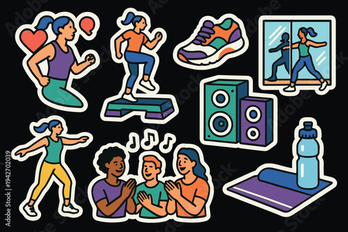 Colorful fitness exercise stickers featuring diverse activities and equipment